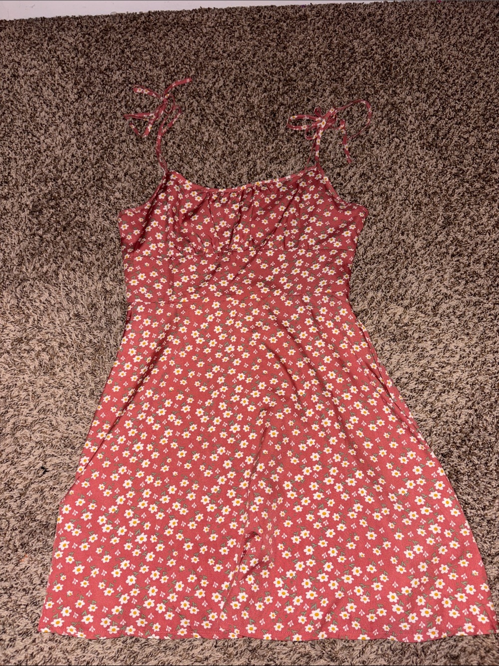 SHEIN Coral Pink Daisy Print Tie-Shoulder Midi Dress